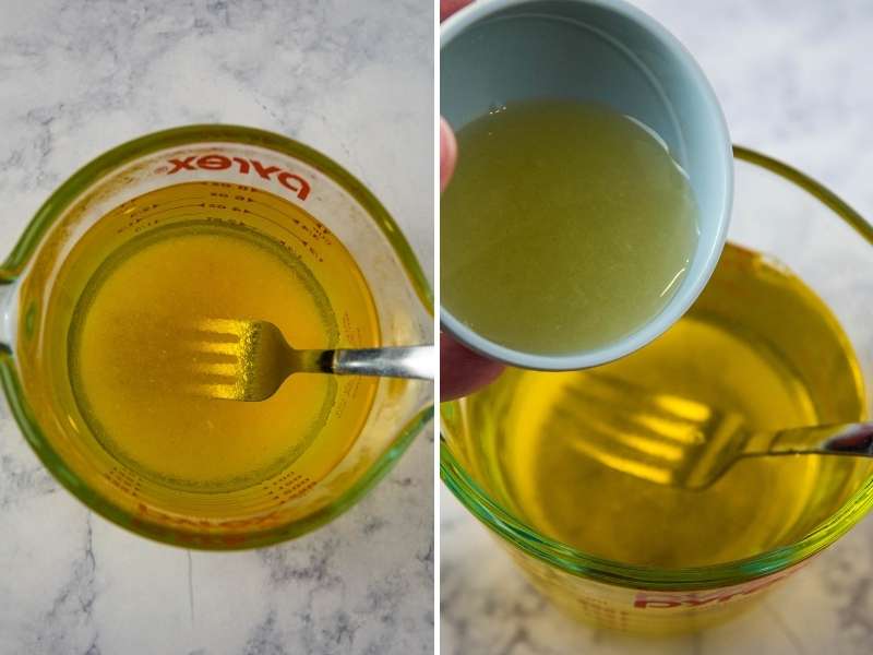 making lemon jello and adding lemon juice to it in Pyrex measuring cup
