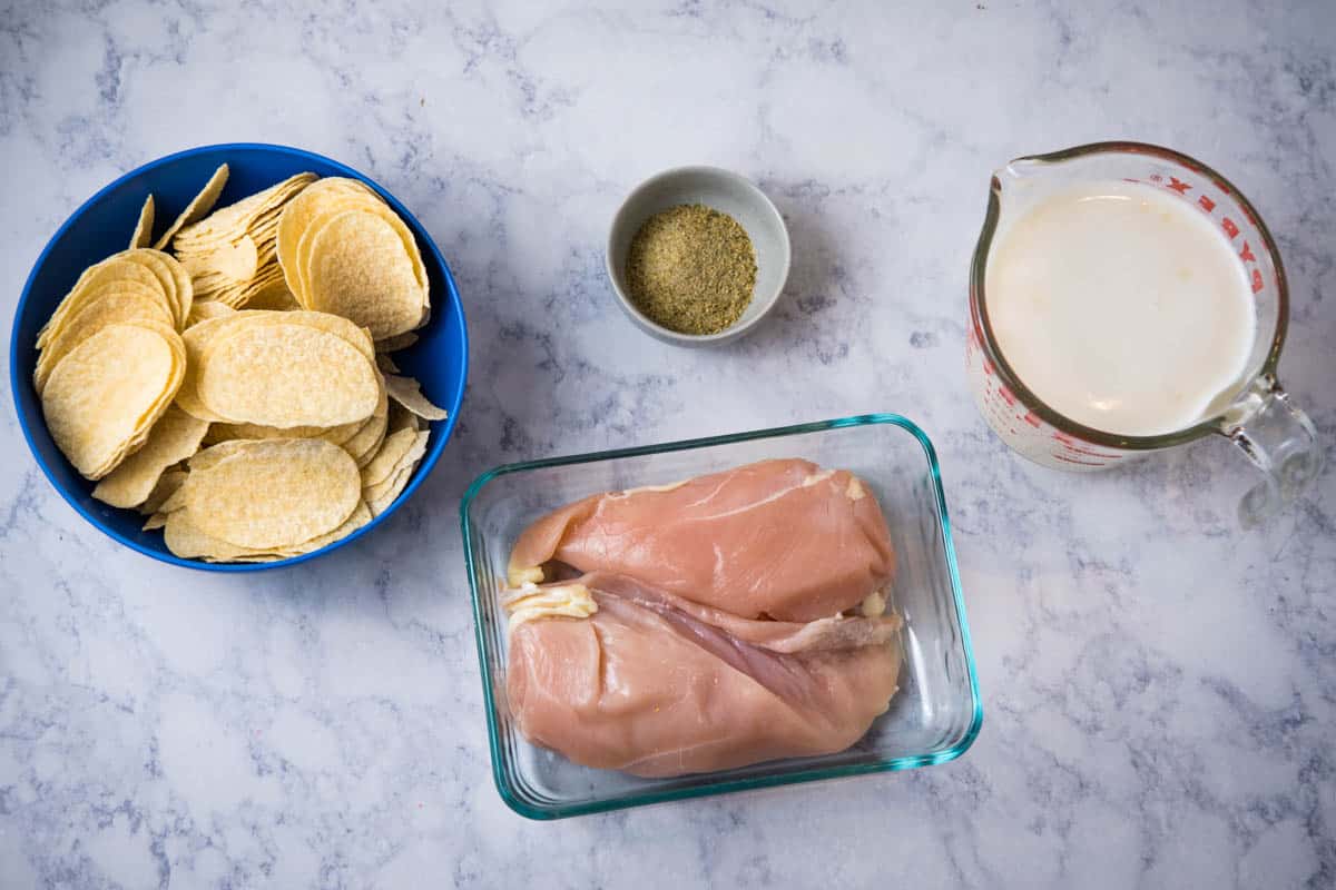 Pringles chicken ingredients on white marble countertop