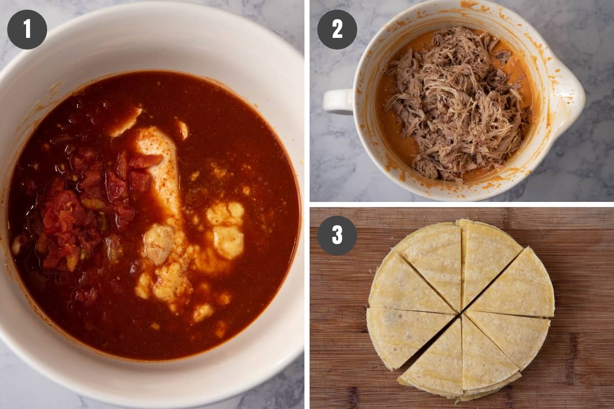 steps for how to prep ingredients for CrockPot chicken enchiladas, mixing ingredients in white mixing bowl, and cutting corn tortillas into triangles on wood cutting board