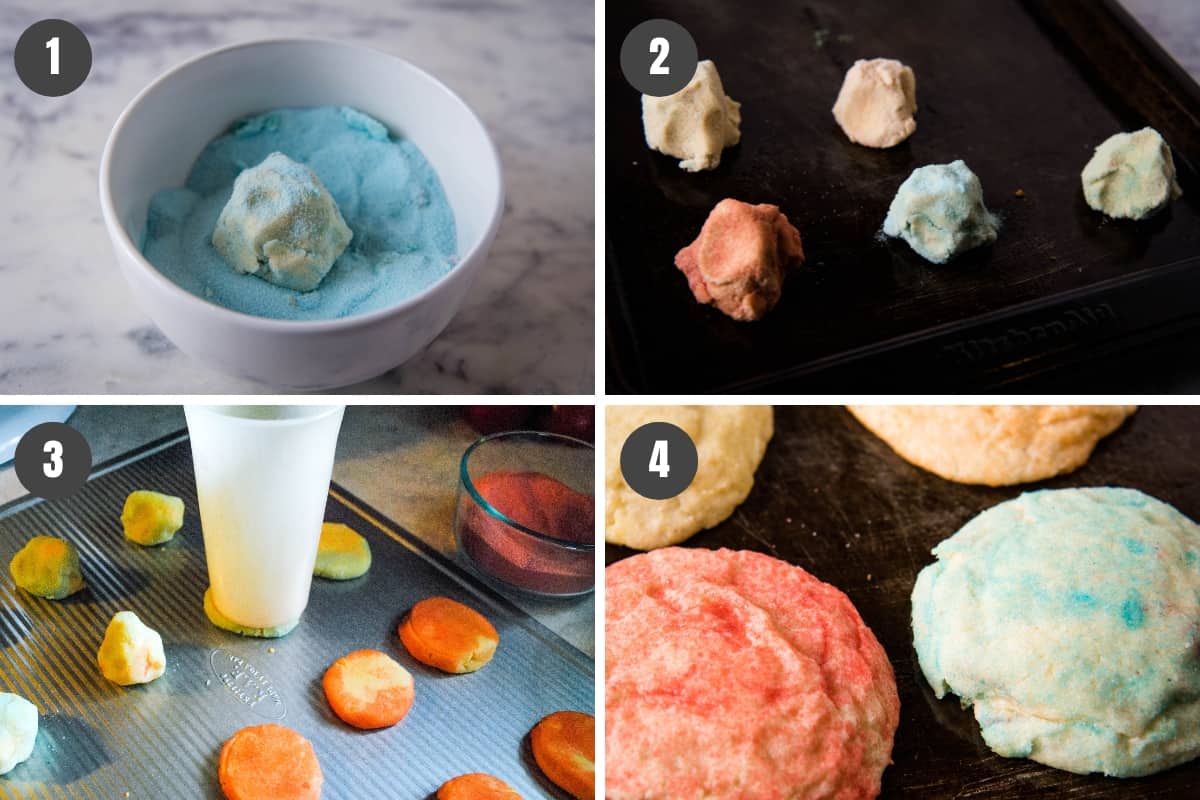 steps for how to make Jello cookies, scooping dough into balls, rolling in Jello, placing on cookie sheet, flattening with cup, and baking