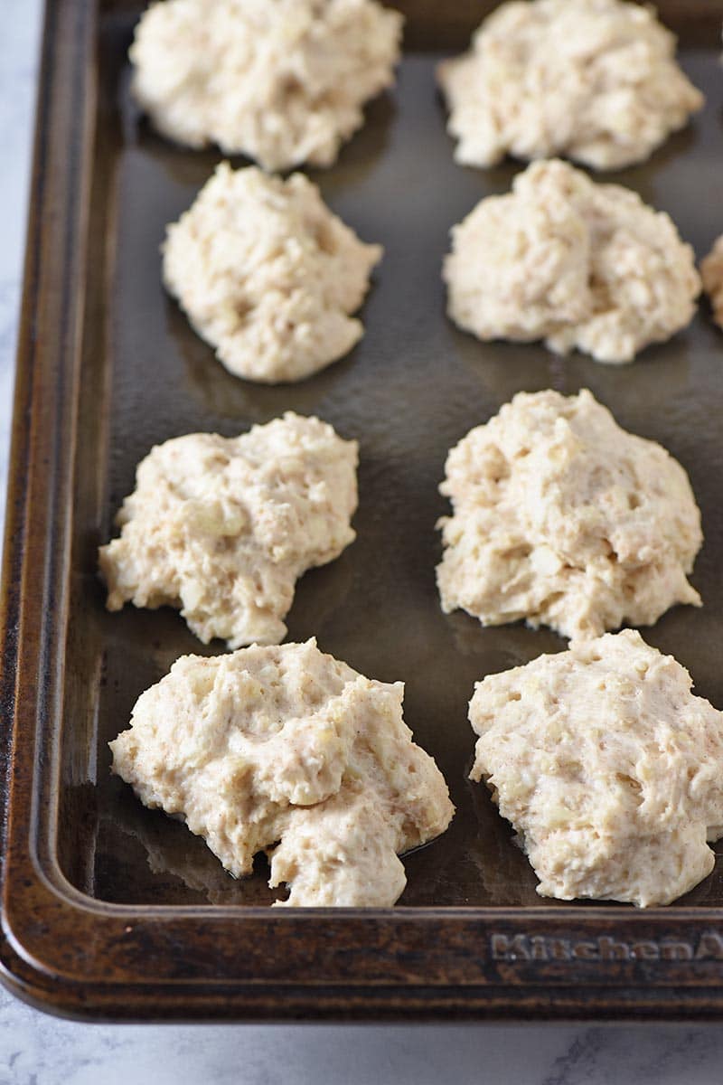 cinnamon drop biscuits on baking sheet, ready to bake