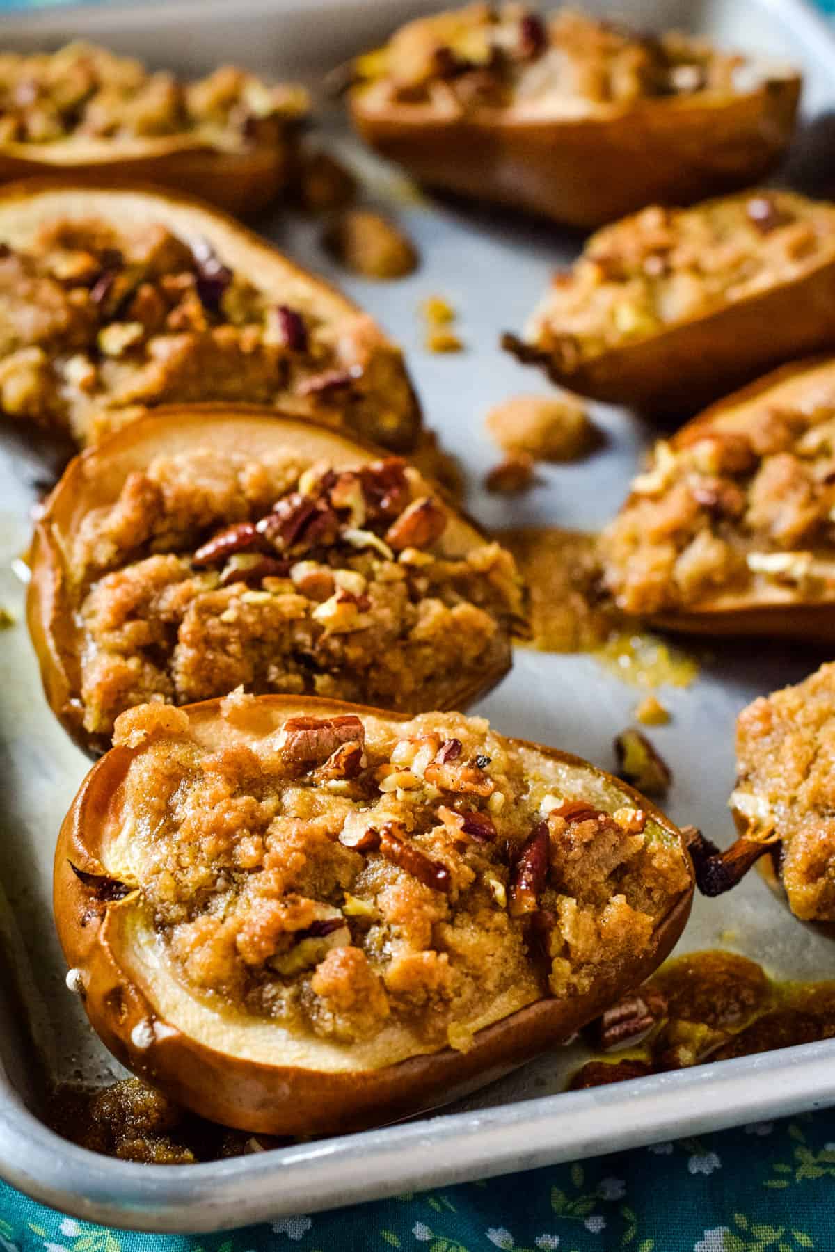 cinnamon baked pears on baking sheet