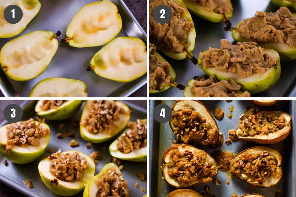 steps for how to make stuffed pears, including scooping out center of pear halves, filling with cinnamon topping, sprinkling with pecans, and baked on baking sheet