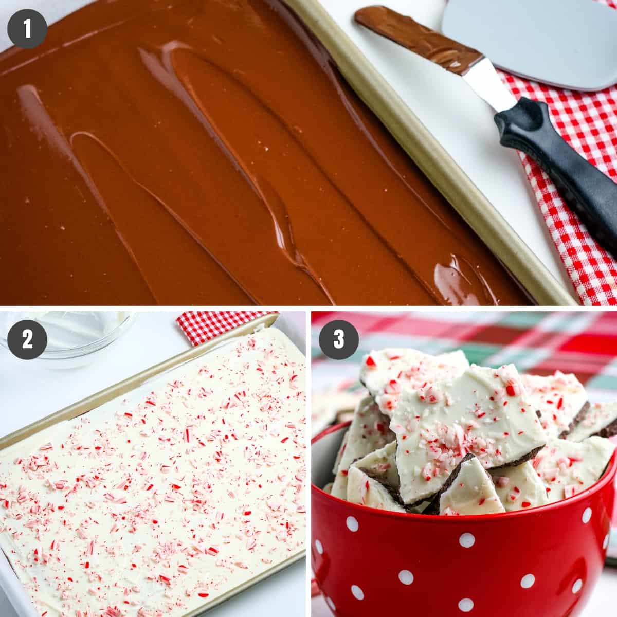 steps for how to make chocolate peppermint bark by layering melted milk chocolate, melted white chocolate with crushed candy canes, and then breaking apart after set into pieces in red bowl