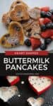 heart shaped buttermilk pancakes on white plate with fresh berries, cooking pancakes with heart cookie cutters on griddle