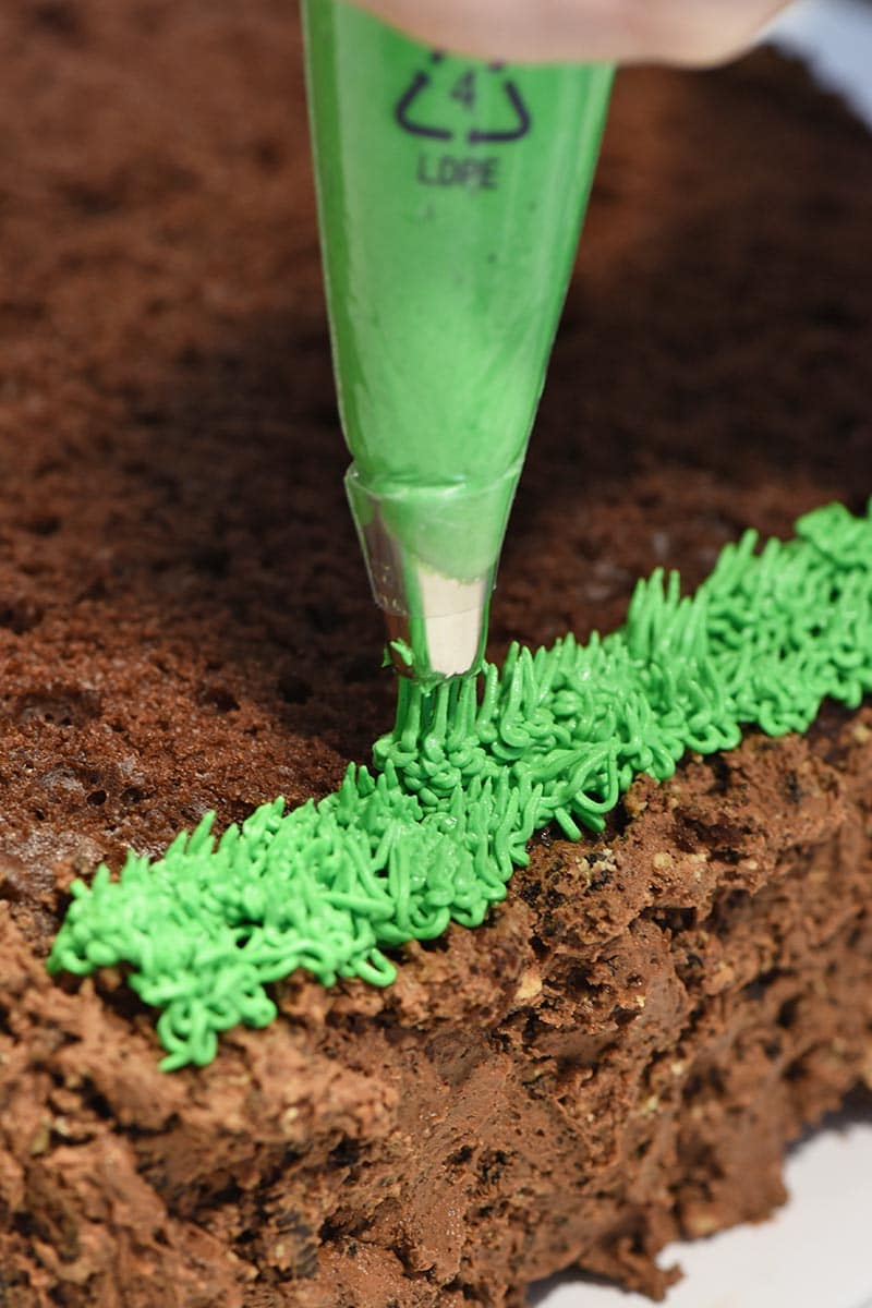 piping grass onto top of Minecraft grass block cake with pastry bag and Wilton grass tip, Tip 233