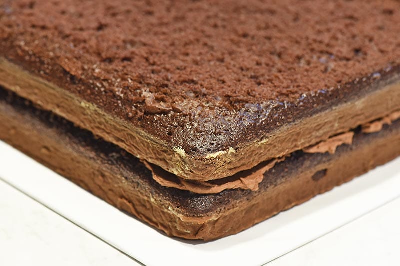sandwiching chocolate cakes together with chocolate buttercream frosting to create Minecraft grass block cake