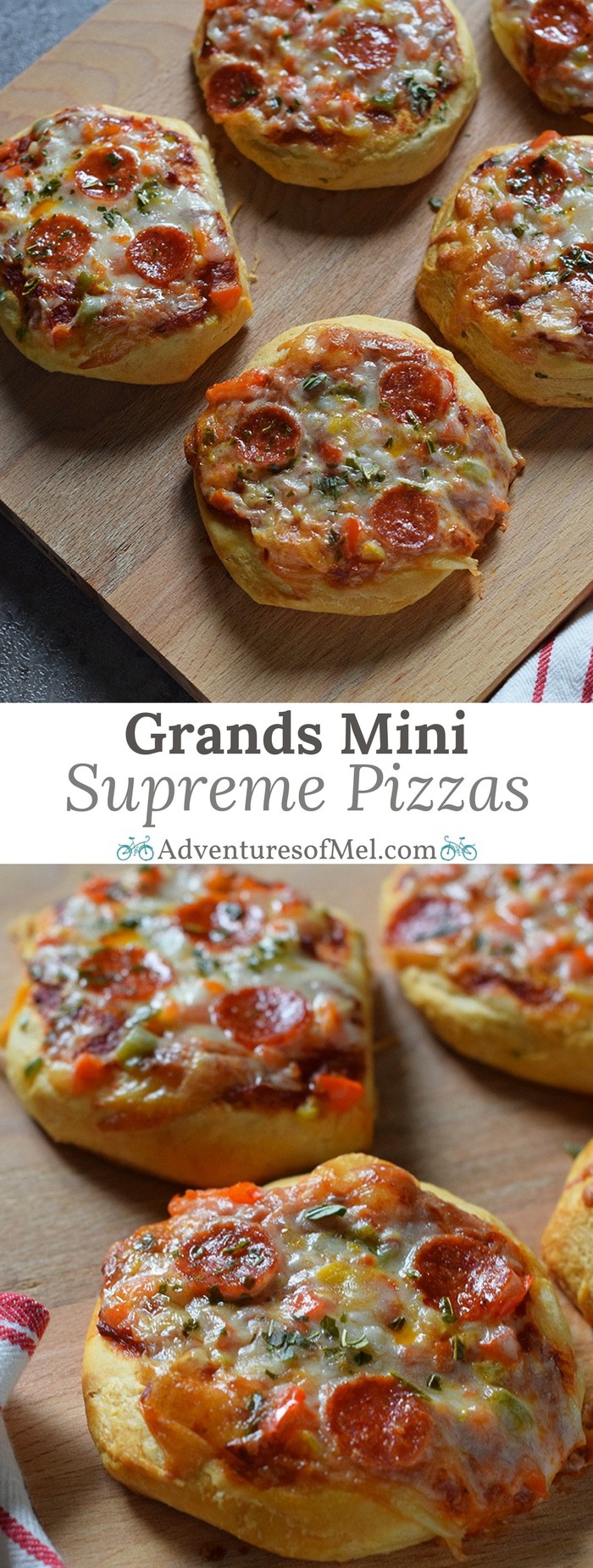 Grands Mini Supreme Pizzas are a quick and easy dinner recipe with Grands Biscuits, pizza sauce, veggies, cheese, pepperoni, and basil.