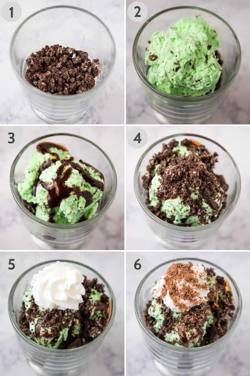 steps for how to make a mint chocolate chip sundae in glass sundae bowl, including adding crushed Oreo cookies to bottom of dish, then mint chocolate chip ice cream, chocolate syrup, more crushed Oreos, whipped cream, and shaved chocolate on top
