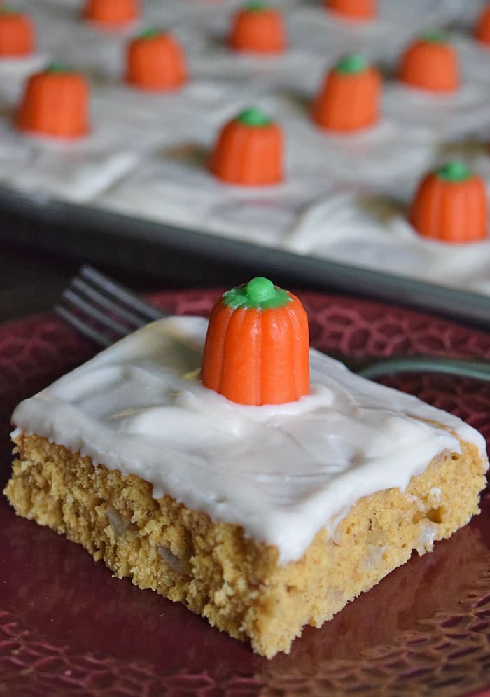 Pumpkin Pear Spice Cake is a scrumptious holiday dessert, perfect for Thanksgiving dinner. Get the recipe for this delicious, easy to make, sheet cake.