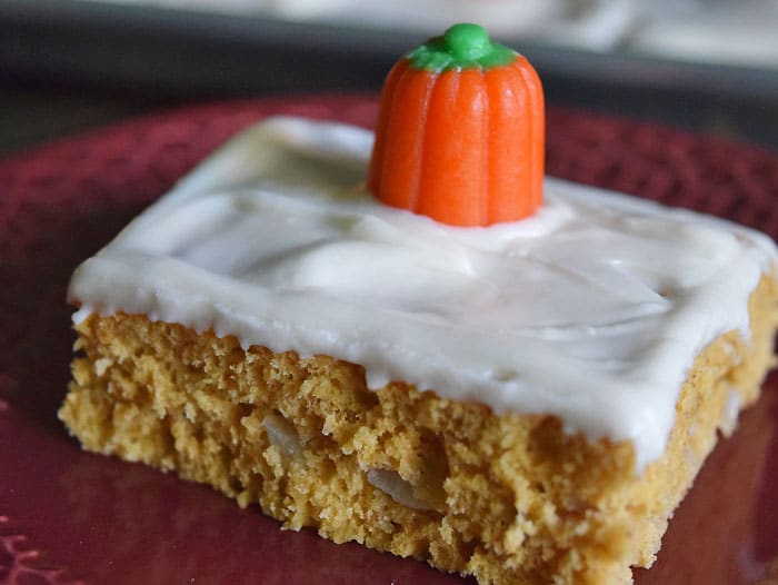 Pumpkin Pear Spice Cake is a scrumptious holiday dessert, perfect for Thanksgiving dinner. Get the recipe for this delicious, easy to make, sheet cake.