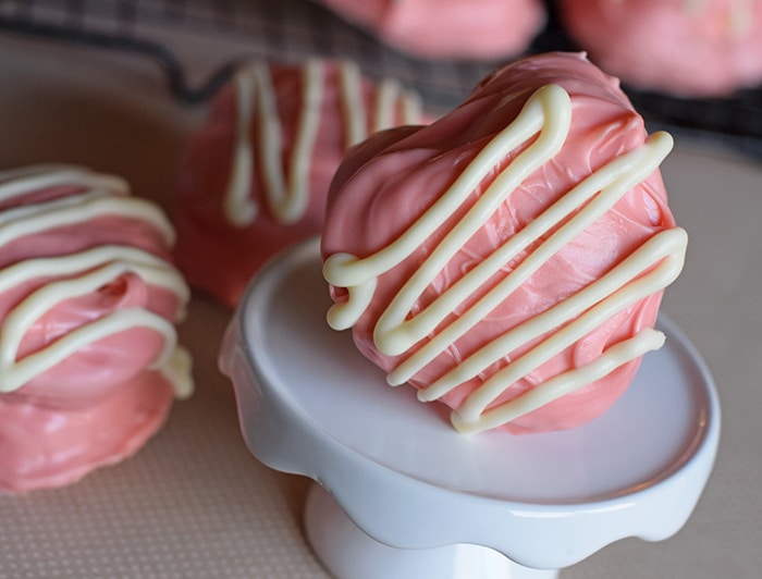 Little Debbie Valentine cakes copycats on white cupcake stand