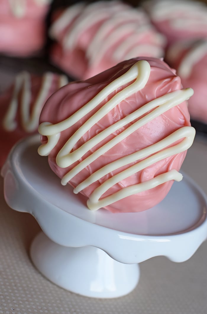 Be My Valentine snack cakes on white cupcake stand