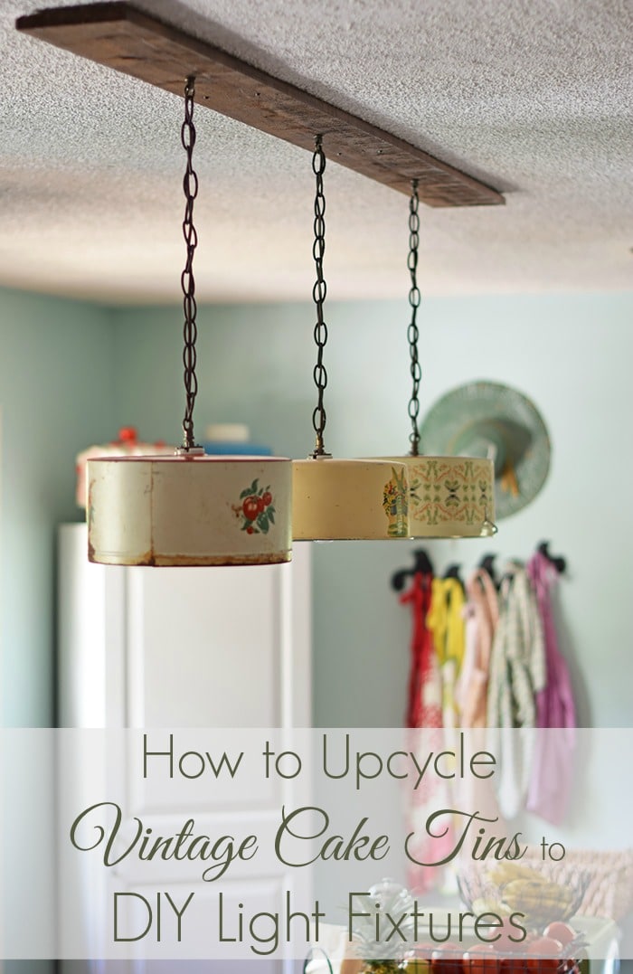 Create a farmhouse kitchen look with DIY light fixtures upcycled from vintage cake tins. How to create a charming look with affordable and simple kitchen lighting.