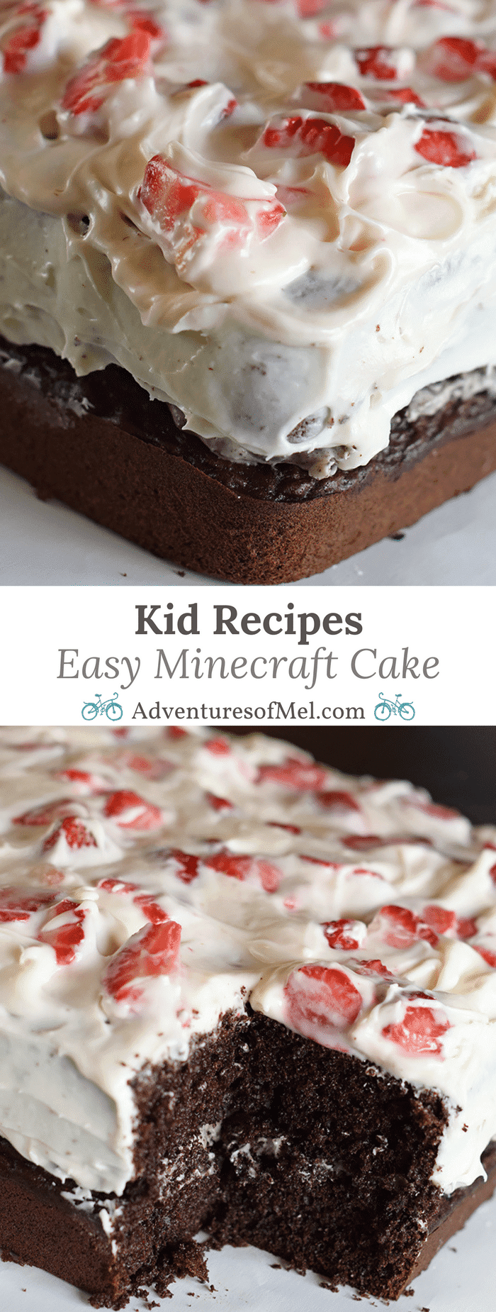 Hosting a Minecraft party? Celebrating a Minecraft birthday? How to make an easy Minecraft cake with a simple cake mix recipe that doubles as a fun kid recipe. Add in Oreos, cream cheese, and strawberries. But be warned! It’s such a scrumptious cake, it will vanish into thin air!