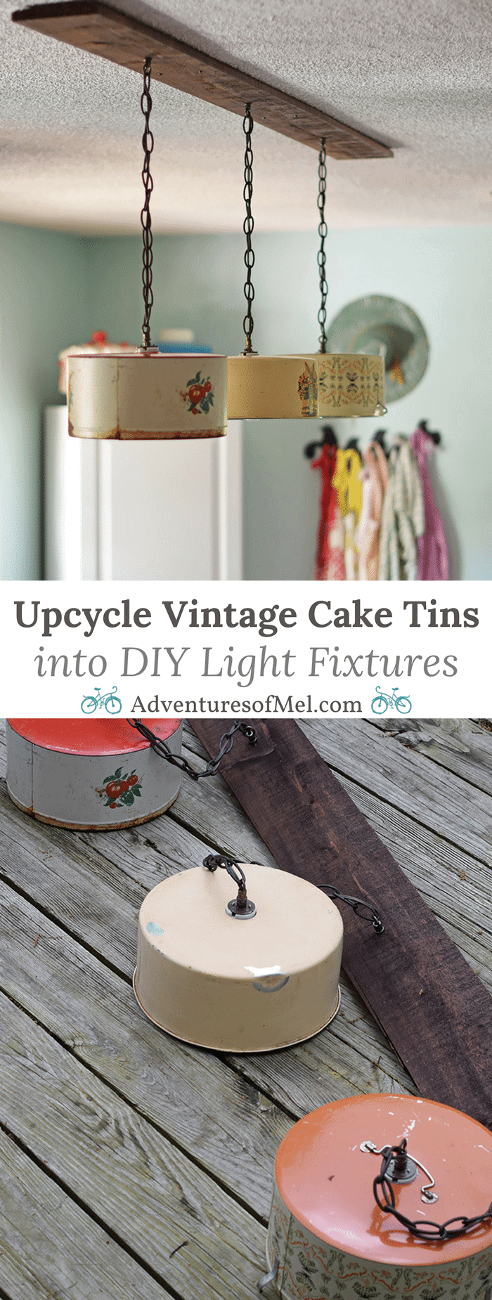 Create a farmhouse kitchen look with DIY light fixtures upcycled from vintage cake tins. How to create a charming look with affordable and simple kitchen lighting.