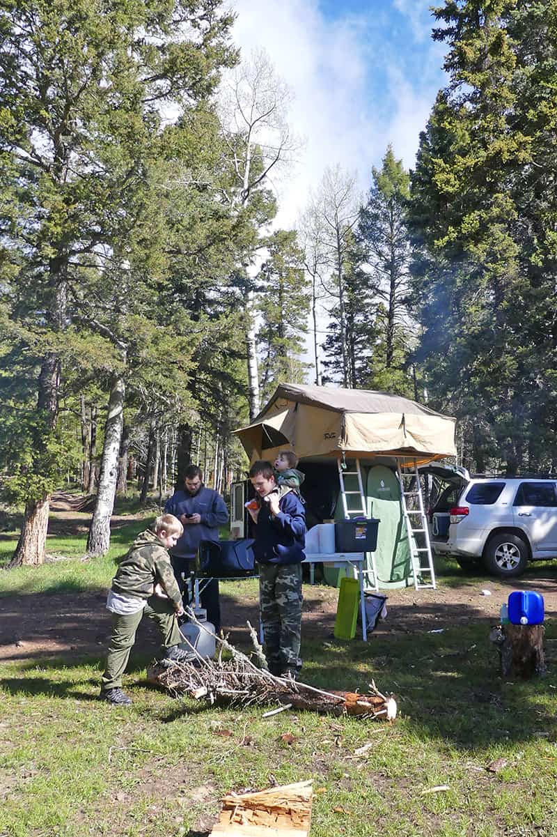 dispersed camping with a rooftop tent and camp trailer in the Carson National Forest of New Mexico