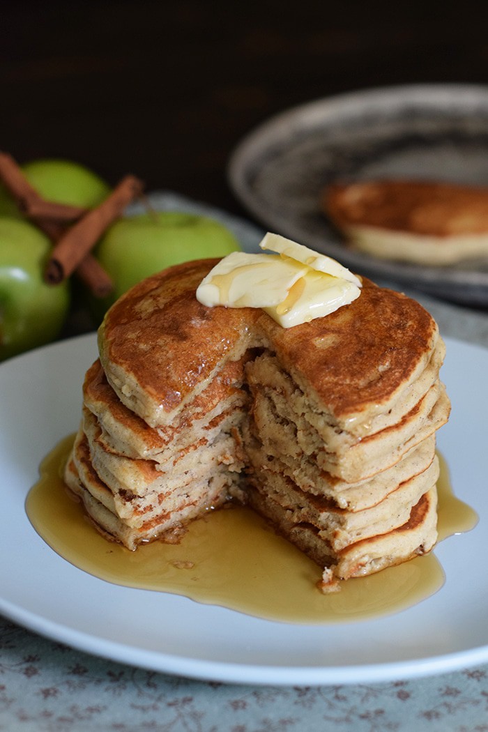 Breakfast is served with fluffy Apple Cinnamon Buttermilk Pancakes, made with applesauce and a dash of cinnamon. Serve with butter and warm maple syrup. They’re so scrumptiously delicious!