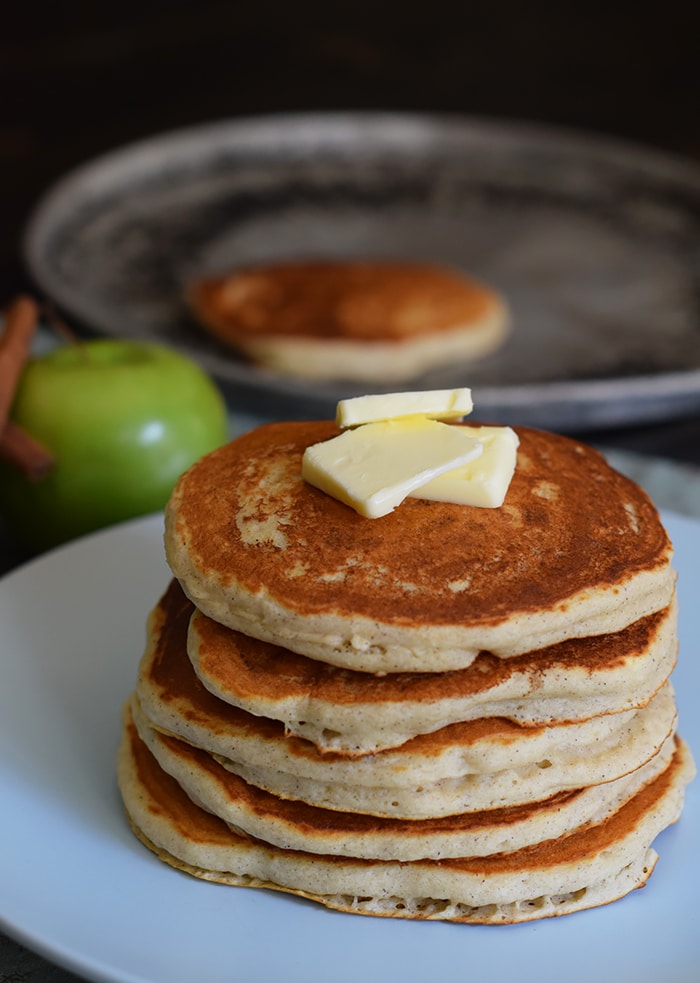 Breakfast is served with fluffy Apple Cinnamon Buttermilk Pancakes, made with applesauce and a dash of cinnamon. Serve with butter and warm maple syrup. They’re so scrumptiously delicious!