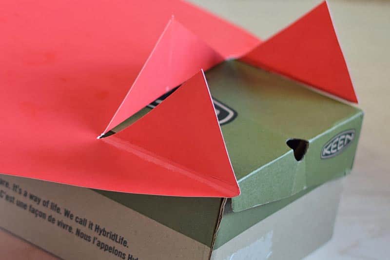 flaps cut on the bottom edge of the poster board for a Triceratops crest, on a shoebox
