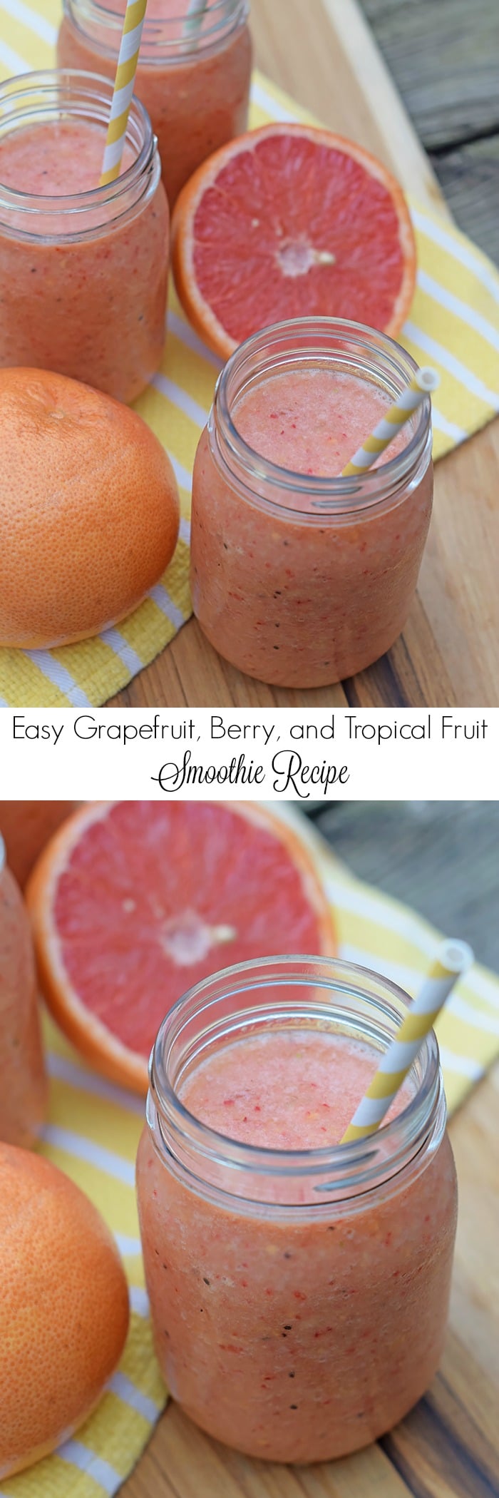 How to make a simple, easy, natural fruit smoothie, no sugar added. All you need is fruit and ice for a refreshing Grapefruit, Berry, and Tropical Fruit Smoothie. Printable recipe!