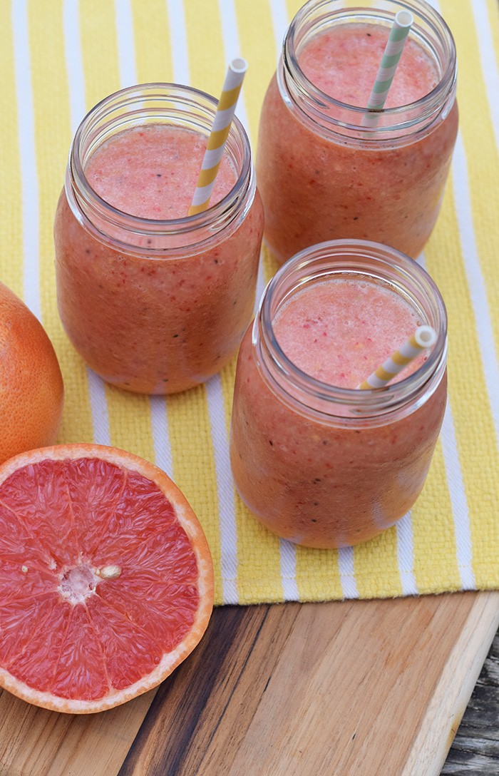 How to make a simple, easy, natural fruit smoothie, no sugar added. All you need is fruit and ice for a refreshing Grapefruit, Berry, and Tropical Fruit Smoothie. Printable recipe!