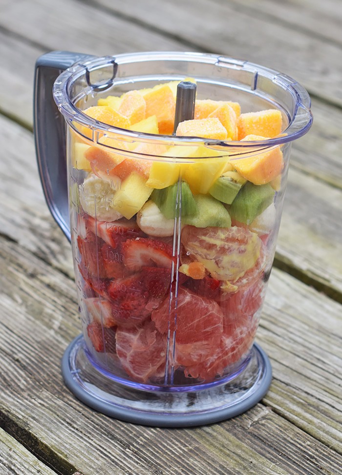How to make a simple, easy, natural fruit smoothie, no sugar added. All you need is fruit and ice for a refreshing Grapefruit, Berry, and Tropical Fruit Smoothie. Printable recipe!
