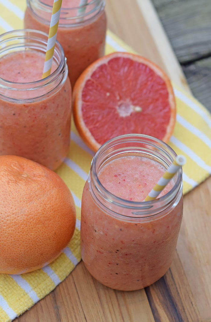 How to make a simple, easy, natural fruit smoothie, no sugar added. All you need is fruit and ice for a refreshing Grapefruit, Berry, and Tropical Fruit Smoothie. Printable recipe!