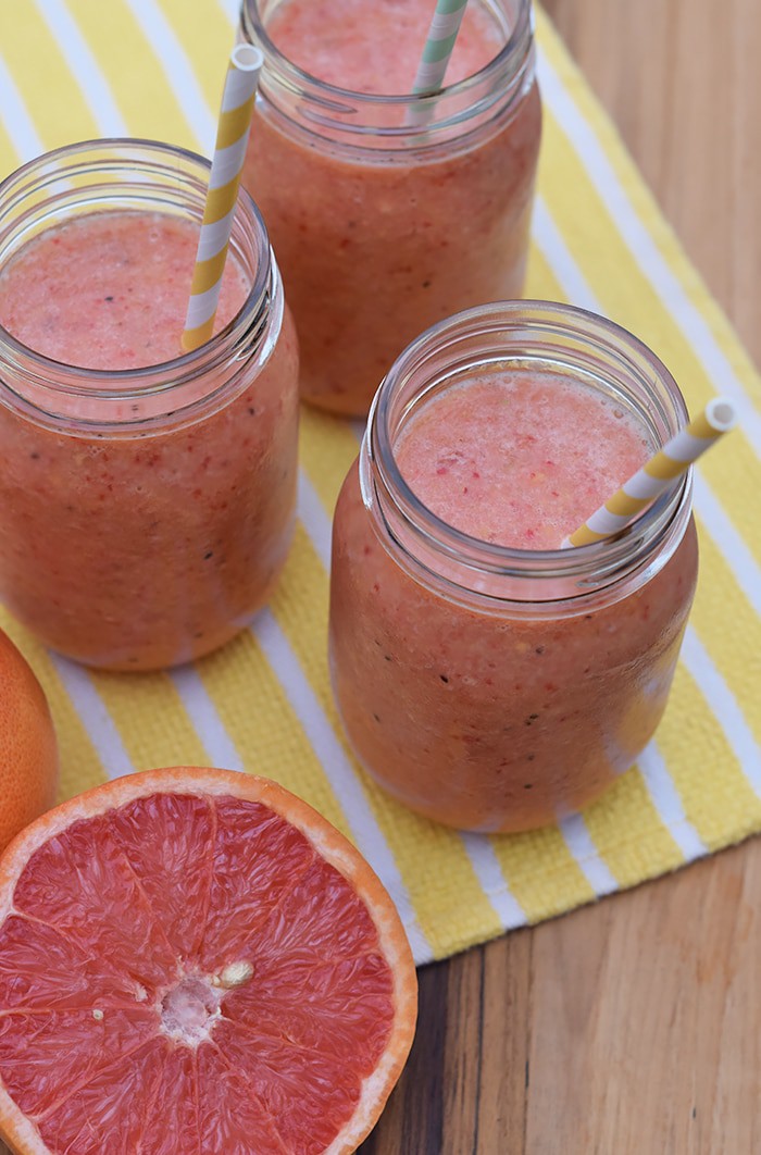How to make a simple, easy, natural fruit smoothie, no sugar added. All you need is fruit and ice for a refreshing Grapefruit, Berry, and Tropical Fruit Smoothie. Printable recipe!