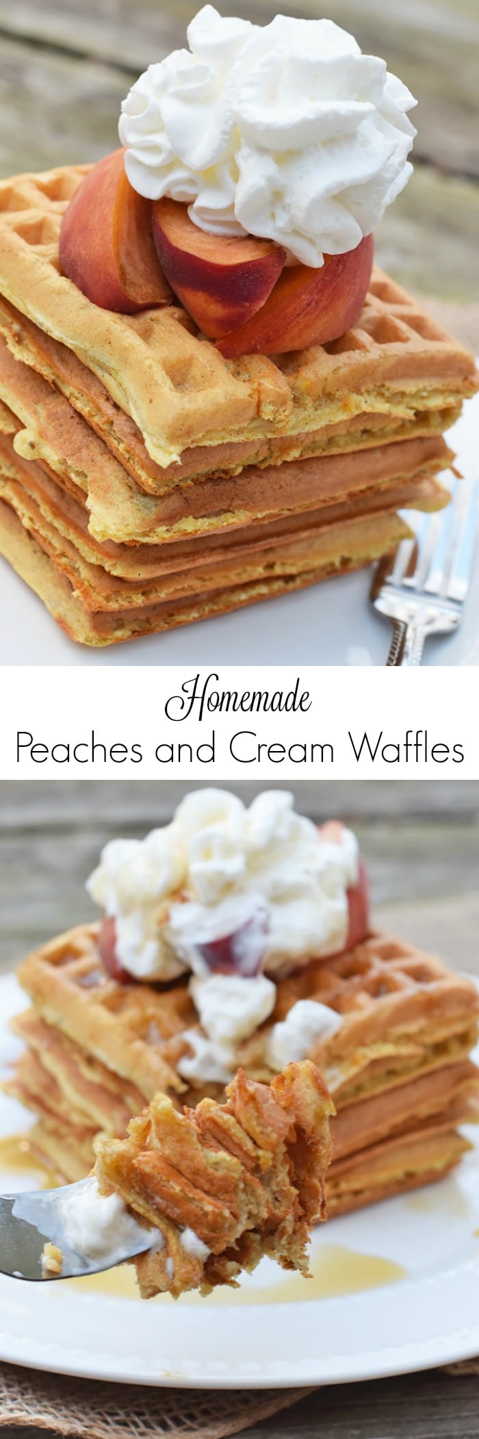With peaches in the batter and peaches sliced on top, Peaches and Cream Waffles have a light peachy taste with a hint of cinnamon. Top them off with whipped cream and real maple syrup, and serve for a scrumptious breakfast or breakfast for dinner. Printable recipe!