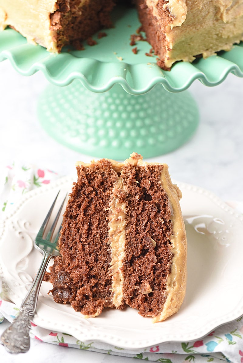 Slice of homemade chocolate cake with peanut butter cream cheese frosting on a white plate