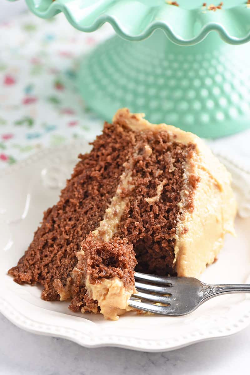 Slice of peanut butter chocolate cake layered together with peanut butter frosting