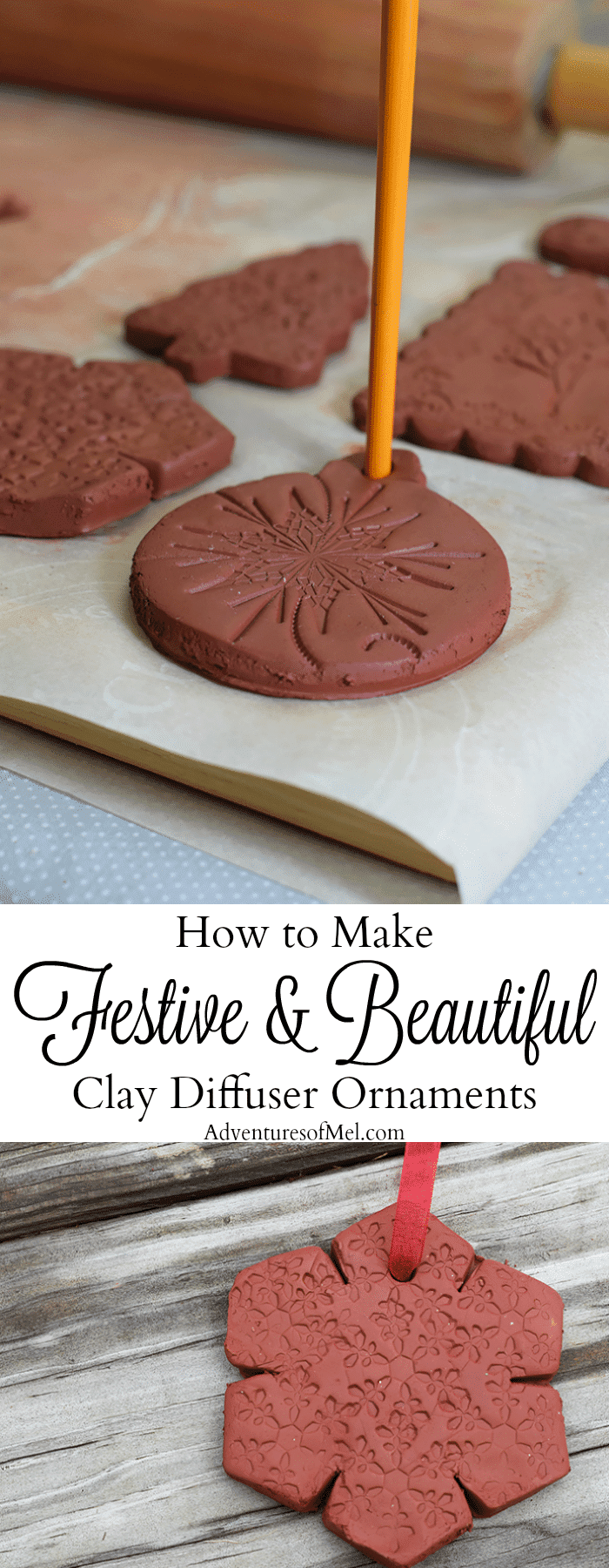 Use Air-Dry Clay, Christmas cookie cutters, and acrylic stamps to make the simplest of crafts, Clay Diffuser Ornaments. They're beautifully festive decorations for the Christmas season, and they add a touch of essential oil scents to both your tree and home.