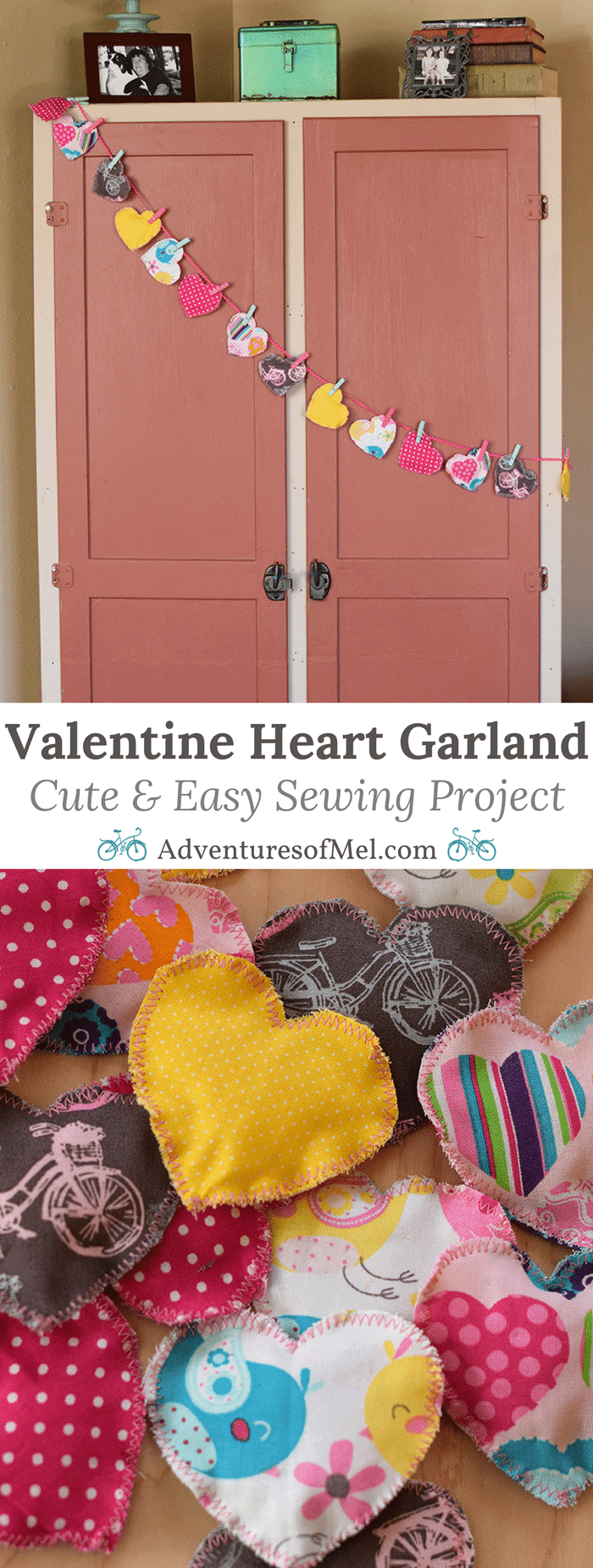 Decorate for Valentine's Day by making a super easy to sew Valentine's Day heart garland with cheap fat quarters from the fabric store. Makes the sweetest Valentine decoration and a fun craft and sewing project! 