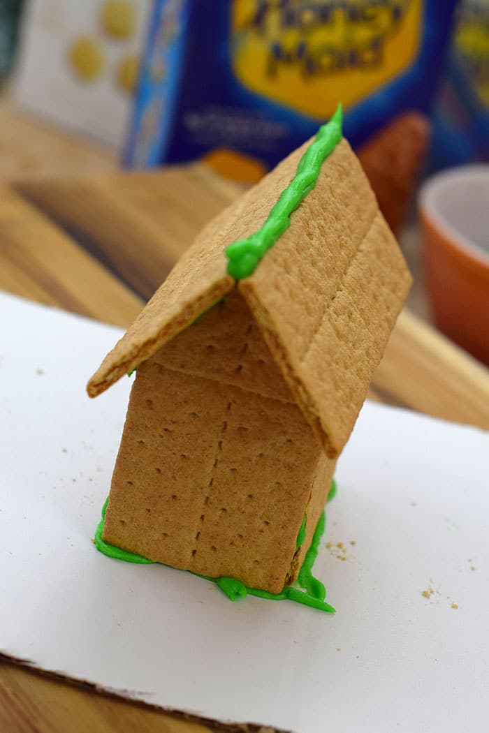 Make a fun and edible kids craft this St. Patrick's Day, a Graham Cracker Leprechaun House. Gather rainbow colored candies, Decorating Icing, and graham crackers, and you're all set!