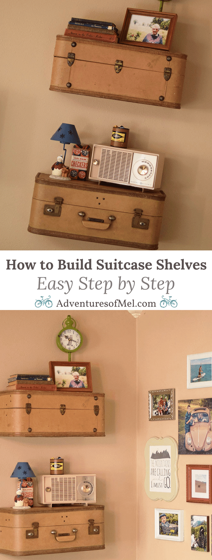 Got an old suitcase just waiting to be used for something special? How to build suitcase shelves, step by step, and hang them up for a vintage decorative look in your home's living space. Vintage home decor DIY project!
