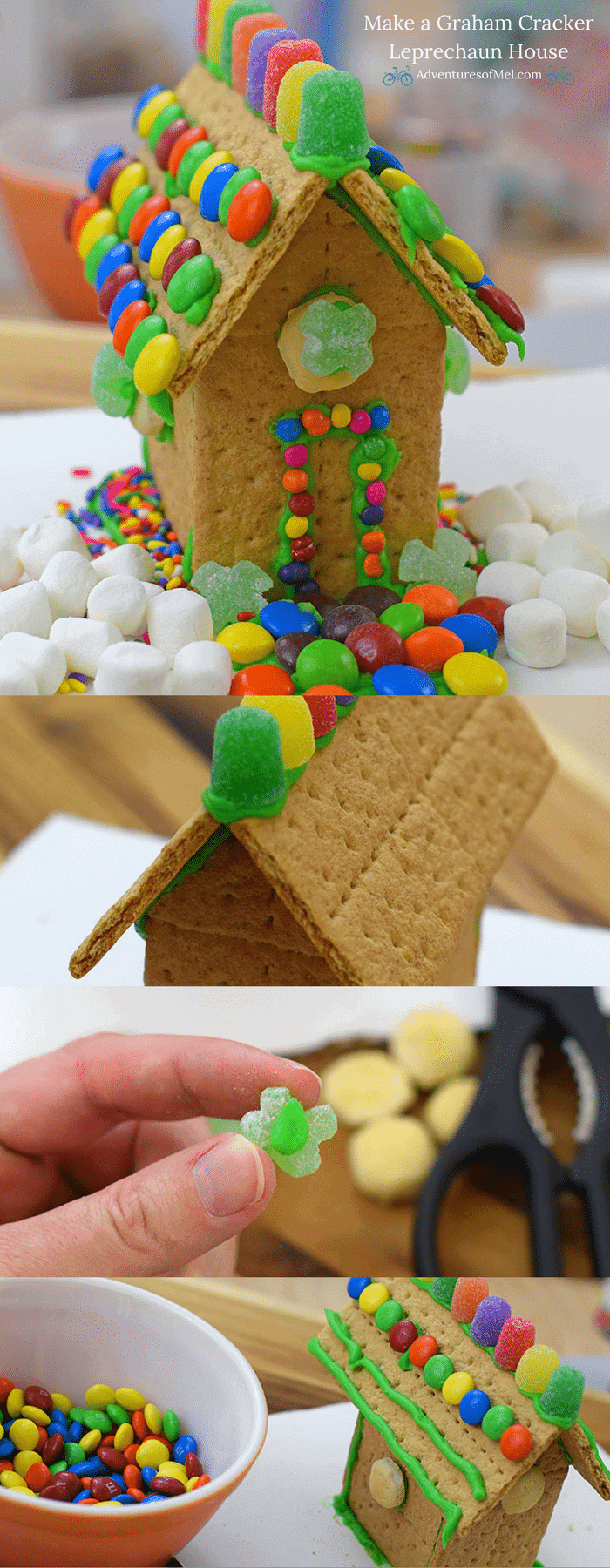 Make a fun and edible kids craft this St. Patrick's Day, a Graham Cracker Leprechaun House. Gather rainbow colored candies, Decorating Icing, and graham crackers, and you're all set!