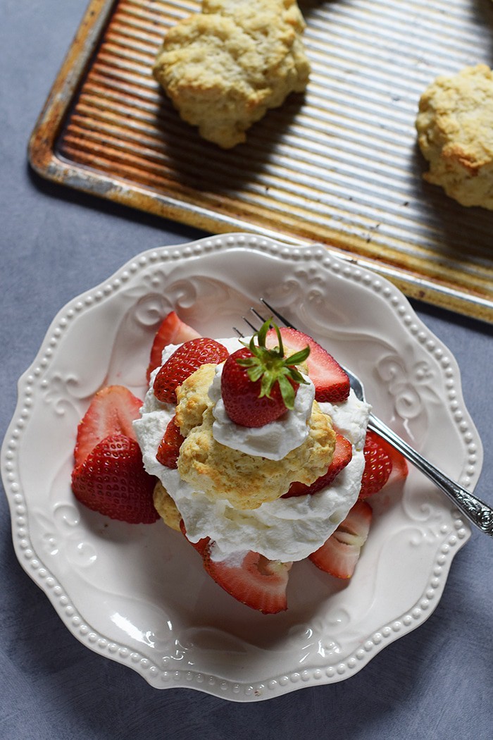 Strawberry Shortcake made with a cream cheese whipped cream, Grandma's biscuits, and juicy red strawberries! Print the recipe for Old-Fashioned Strawberry Shortcake with Grandma's Biscuits.