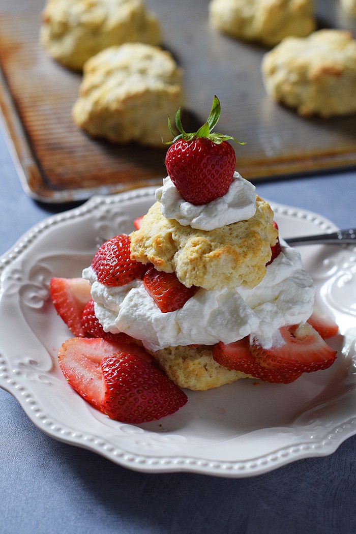 Strawberry Shortcake made with a cream cheese whipped cream, Grandma's biscuits, and juicy red strawberries! Print the recipe for Old-Fashioned Strawberry Shortcake with Grandma's Biscuits.