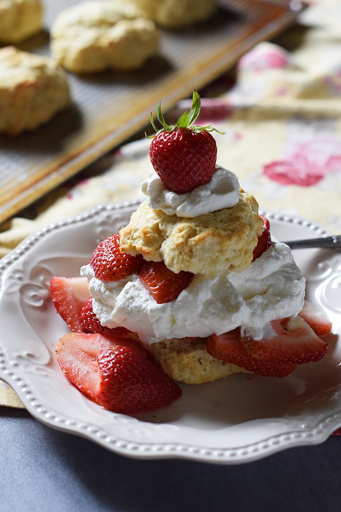 Strawberry Shortcake made with a cream cheese whipped cream, Grandma's biscuits, and juicy red strawberries! Print the recipe for Old-Fashioned Strawberry Shortcake with Grandma's Biscuits.