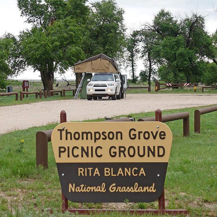 The Rita Blanca National Grassland is a quiet place to stop and camp overnight on a road trip to Colorado or New Mexico. Off the beaten path, roadside camping is allowed at the Thompson Grove Picnic Ground near Dalhart, Texas. The grassland stretches on for miles. On a sunny day, the sky is the bluest blue you can ever imagine. And it's hard to describe the stars on a cloudless night. We've camped here a couple times, this last time a bit stormy and cloudy but no less beautiful.