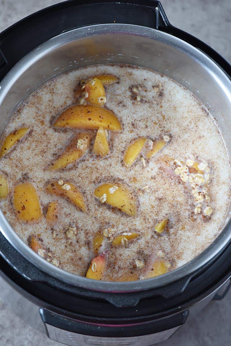 Ingredients for peaches and cream oatmeal in Instant Pot, cooking oatmeal in the Instant Pot pressure cooker