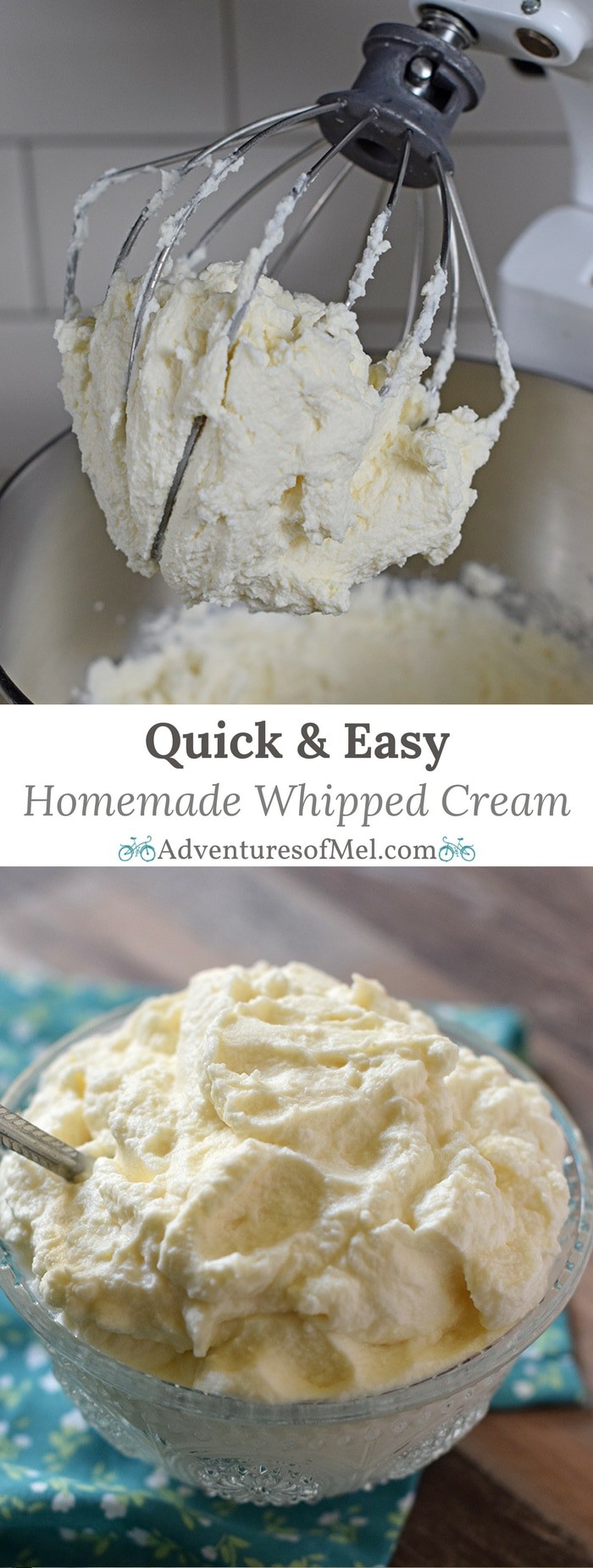 Make homemade whipped cream in 5 minutes with this quick and easy recipe. Only 4 ingredients and you have a creamy delicious topping for all your favorite desserts.