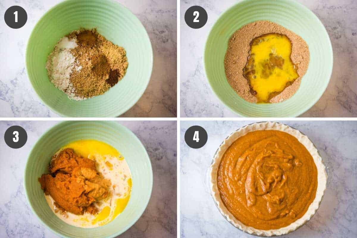 steps for how to make old-fashioned pumpkin pie recipe by mixing in mint green bowl and pouring pie filling into pie shell
