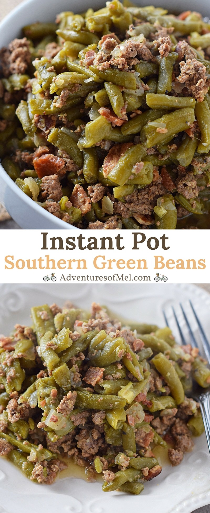 Southern Green Beans, made with bacon, onion, and ground beef in the Instant Pot. Delicious side dish recipe, perfect for holidays or weeknight meals.