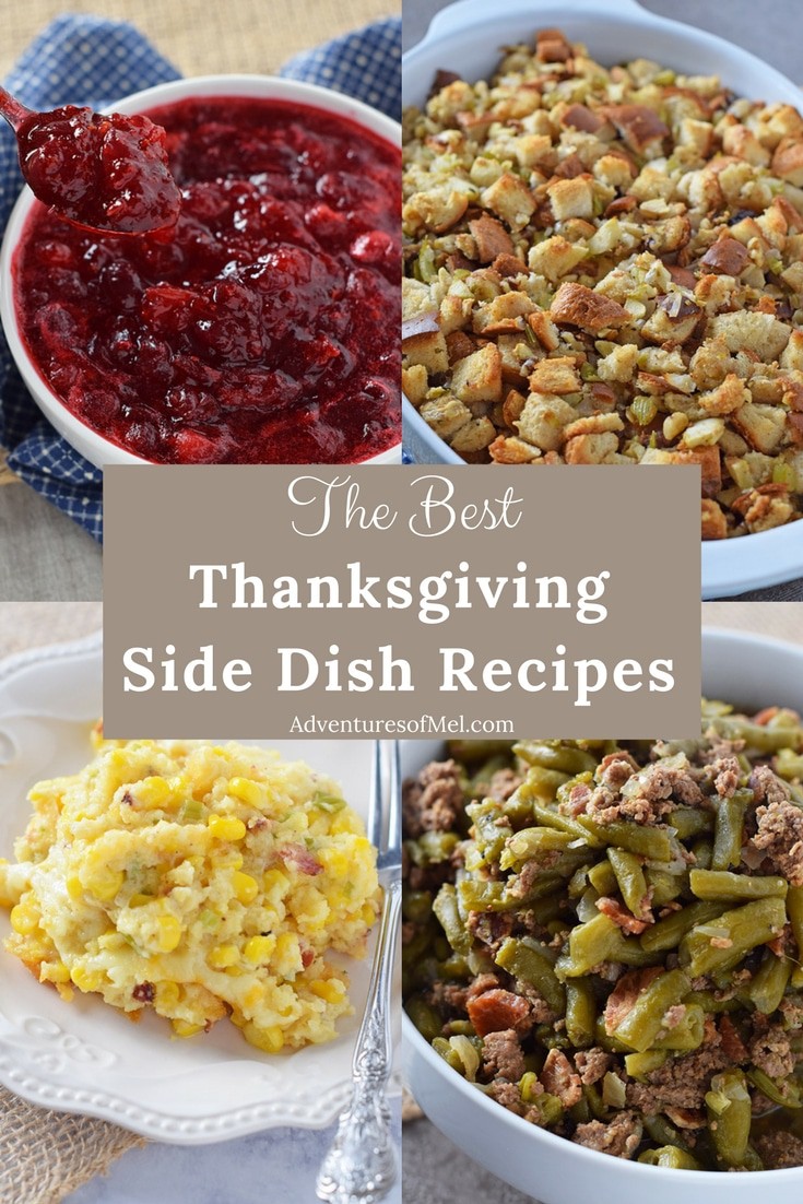 Thanksgiving side dish recipes, including cranberry sauce, stuffing, corn casserole, and southern green beans