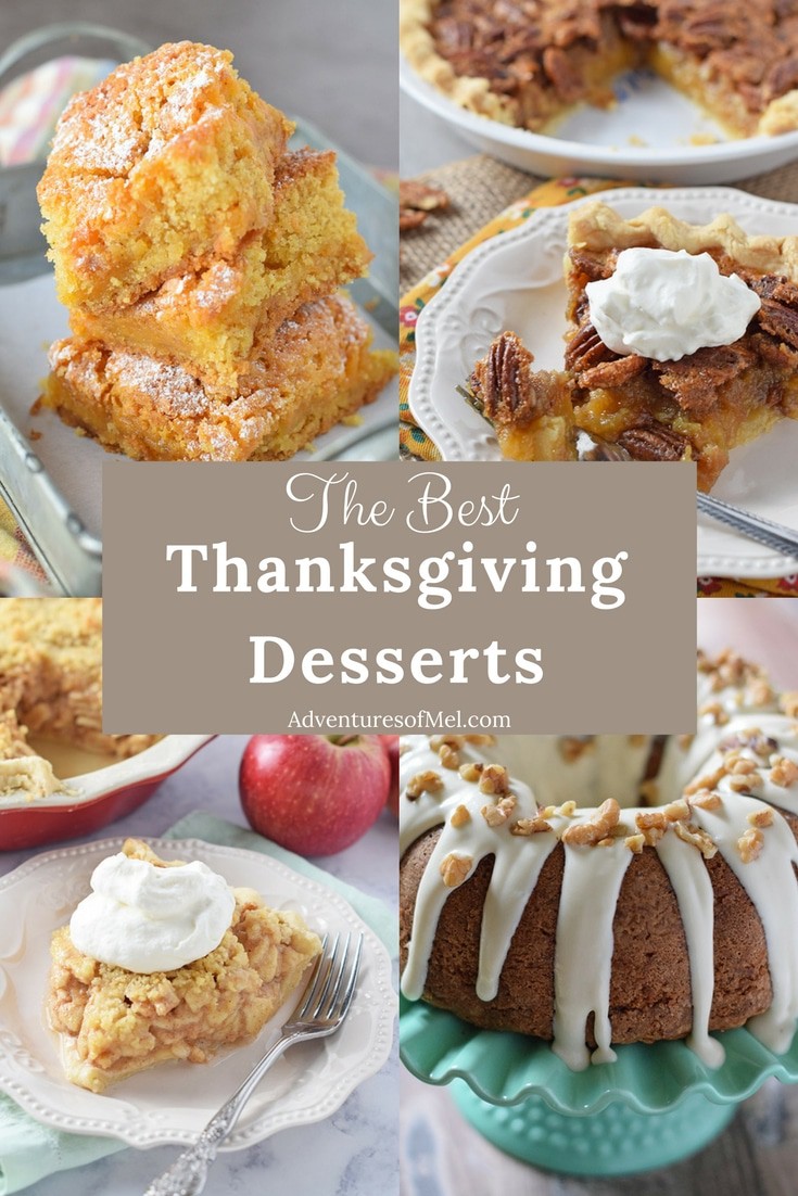 Best Thanksgiving desserts recipes, including pumpkin gooey butter cake, pecan pie, apple crumb pie, apple bundt cake, and more