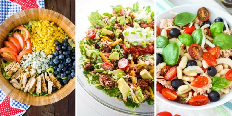 Colorful Salads with meat in them