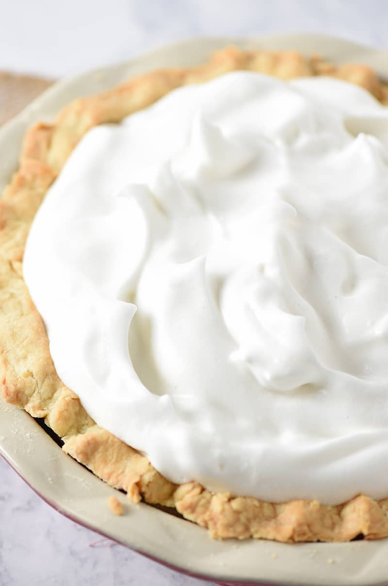 Add a beautiful meringue pie topping to your favorite pie. Mix 4 simple ingredients to make a light, fluffy, scrumptious meringue that doesn’t weep.