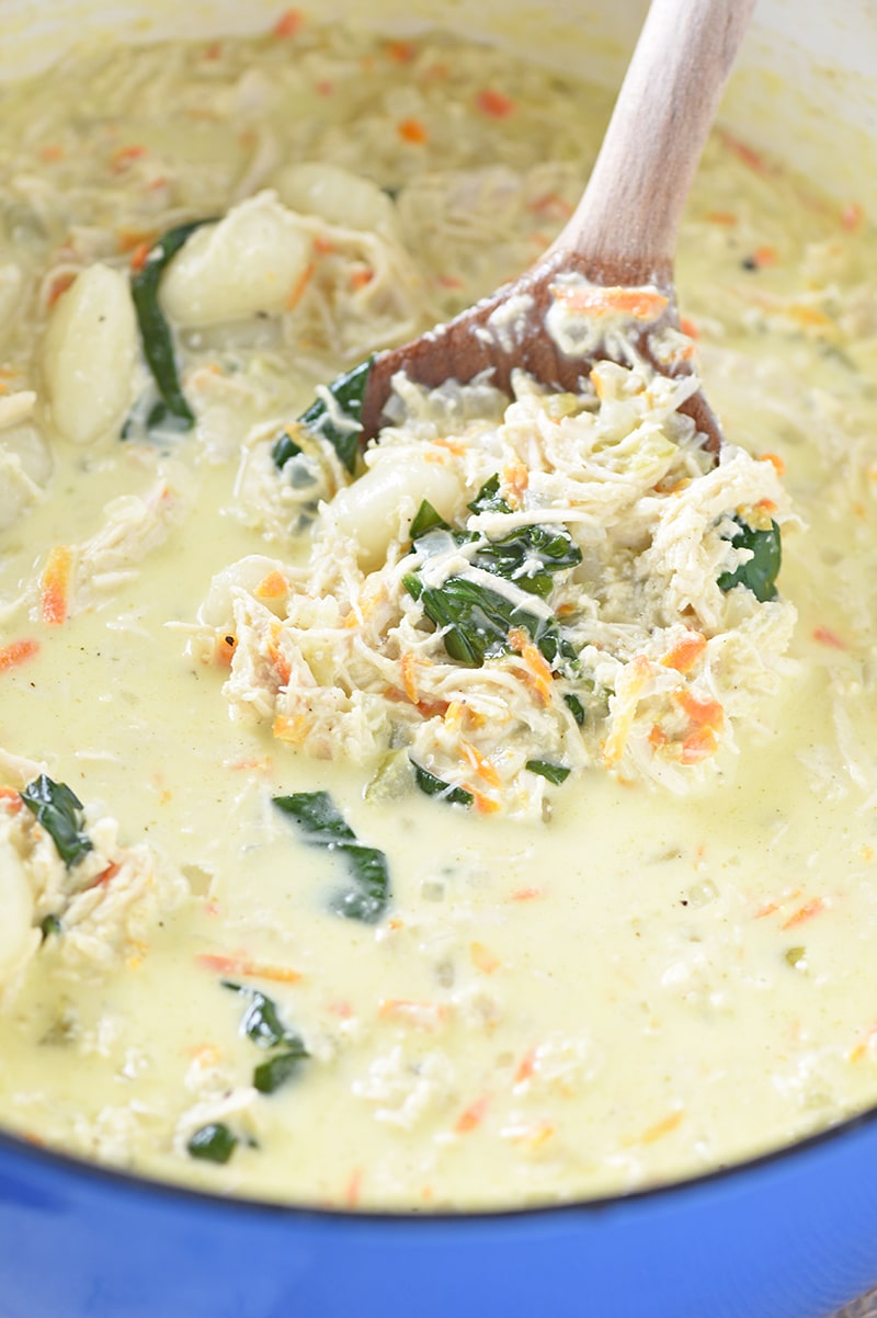 Cook up a delicious pot of Olive Garden Chicken and Gnocchi Soup for lunch or dinner. Copycat soup recipe made with chicken, spinach, and gnocchi.